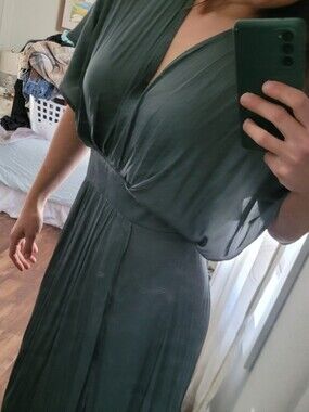 Grade & Gather Flowing Green Maxi Dress, Dolman Sleeves, Double Leg Slit, Medium